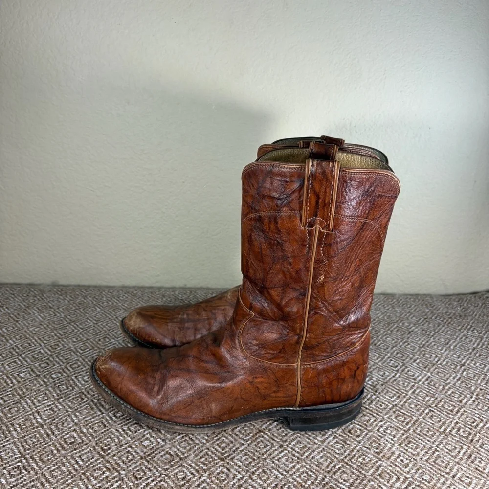 Justin 3163 Brown Leather Cowboy Roper Western Riding Boots Sz 9.5 D Cowboys GUC